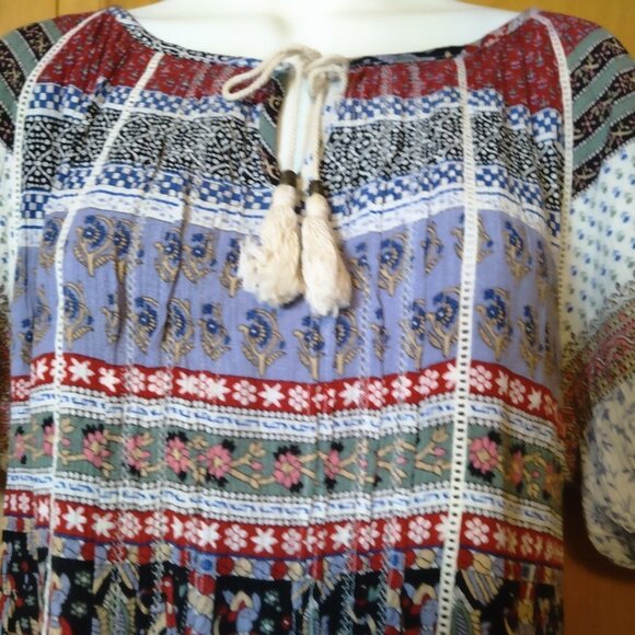Forever 21 Women's Small Short Sleeve Boho Peasant Pullover Blouse With Tassels - Picture 4 of 5